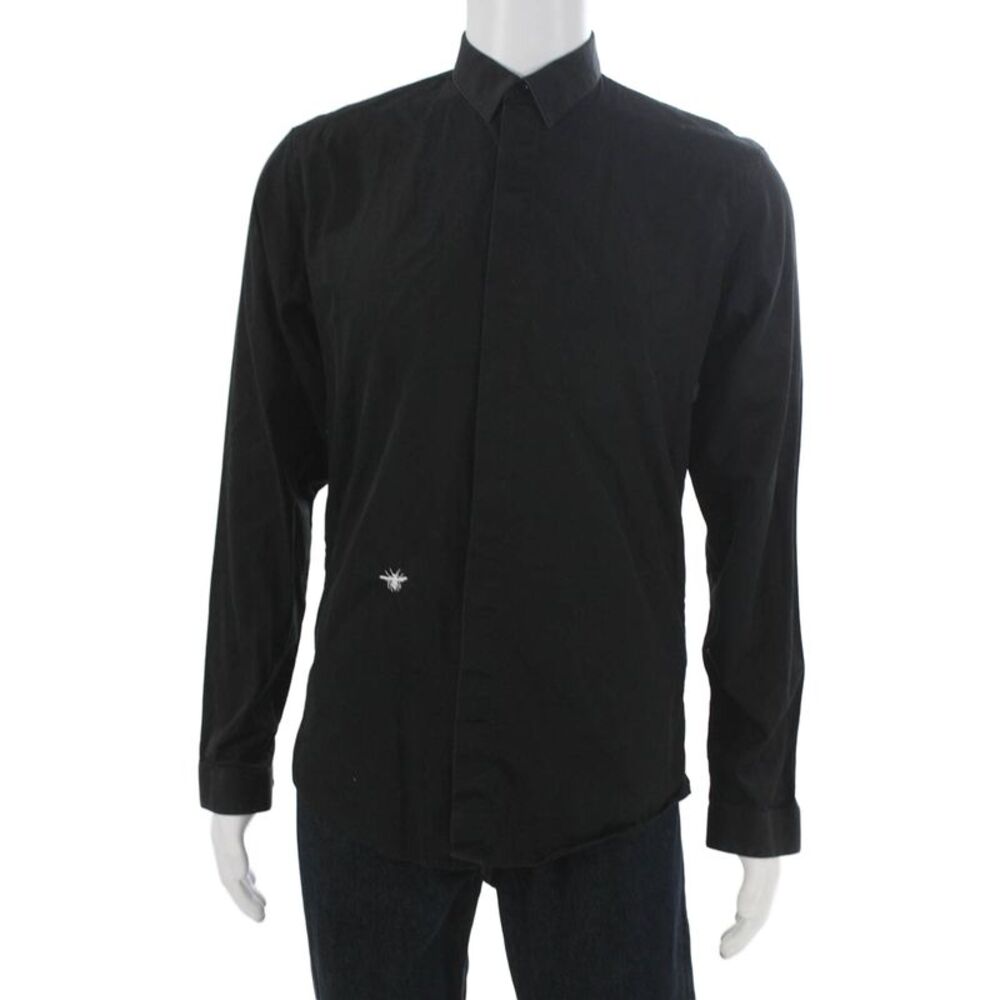 Dior Mens Long Sleeves Button Down Shirt Black Cotton Size 39